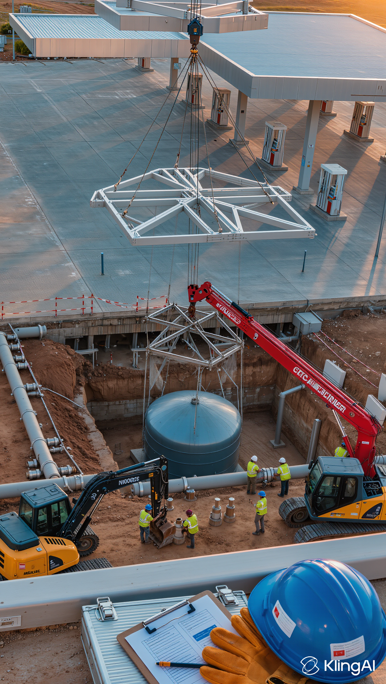Underground storage tank installation with construction equipment and workers